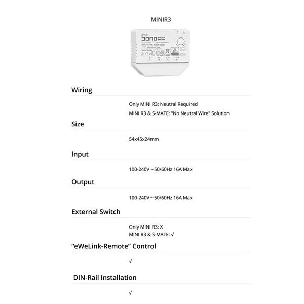 Sonoff dopuszkowy przełącznik prądowy Wi-Fi biały (MINIR3)-2394364