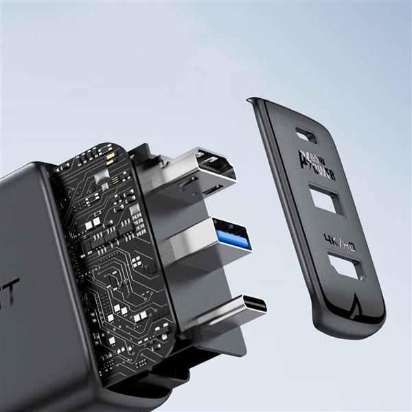 Acefast 2w1 ładowarka sieciowa GaN 65W USB Typ C / USB, adapter przejściówka HDMI 4K@60Hz (zestaw z kablem) czarny (A17 black)-2380741