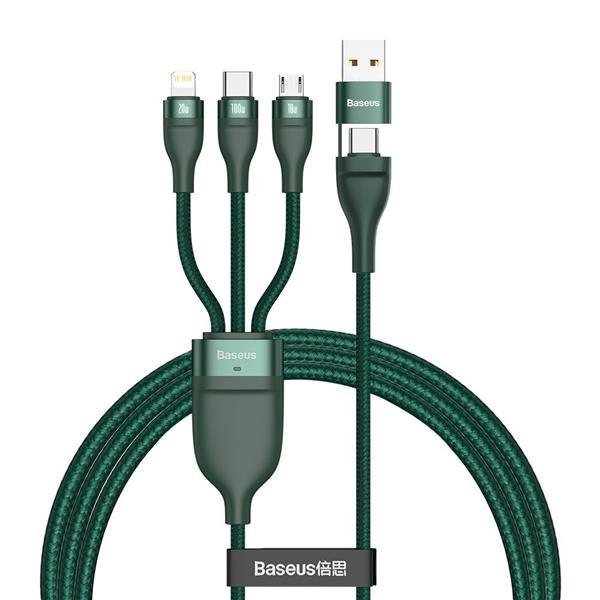 Baseus 3w1 kabel USB / USB Typ C - USB Typ C / Lightning / micro USB (5 A - 100 W / 20 W / 18 W) 1,2 m Power Delivery Quick Charge zielony (CA2T3-06)-2178996