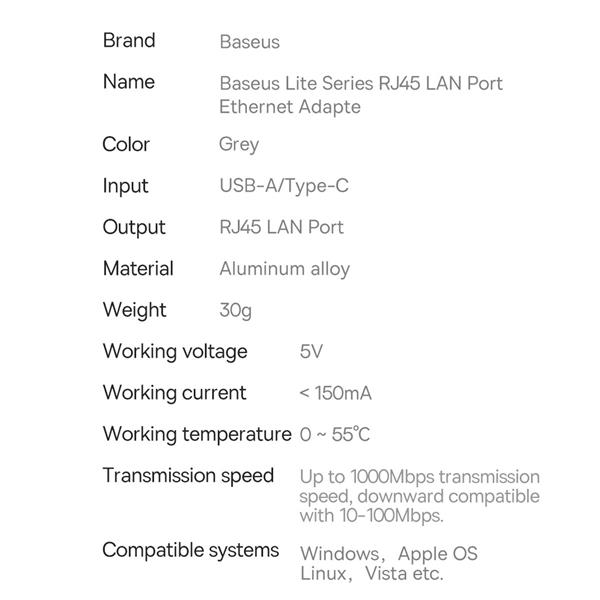 Baseus Lite Series adapter USB Typ C - RJ45 gniazdo LAN 1000Mbps czarny (WKQX000313)-2387331