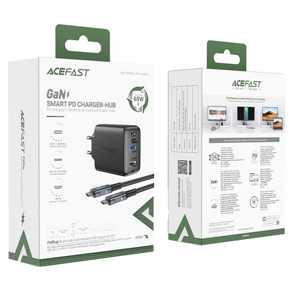 Acefast 2w1 ładowarka sieciowa GaN 65W USB Typ C / USB, adapter przejściówka HDMI 4K@60Hz (zestaw z kablem) czarny (A17 black)-2380742