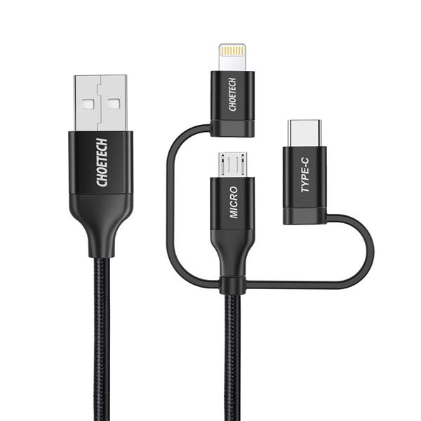Choetech 3w1 kabel USB MFI Lightning / USB Typ C / micro USB (ładowanie 3A / przesyłanie danych 480 Mbps) 1,2 m czarny (IP0030-BK)-2218847