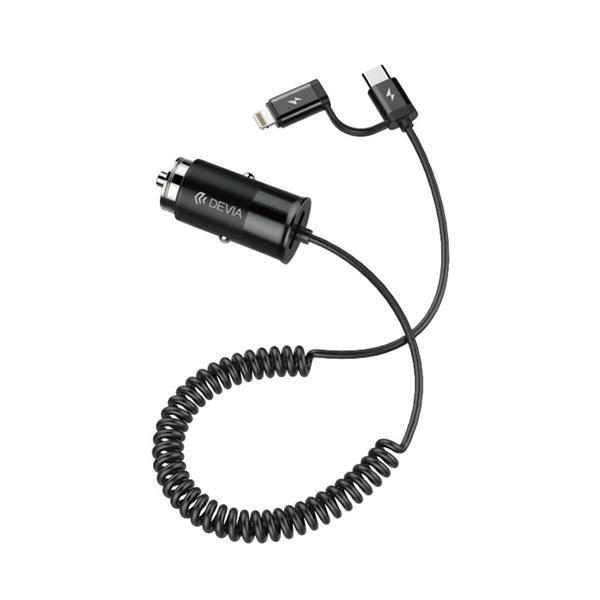Devia ładowarka samochodowa Flash USB z kablem 2w1 typ-C/8-pin czarna 21W-1564738