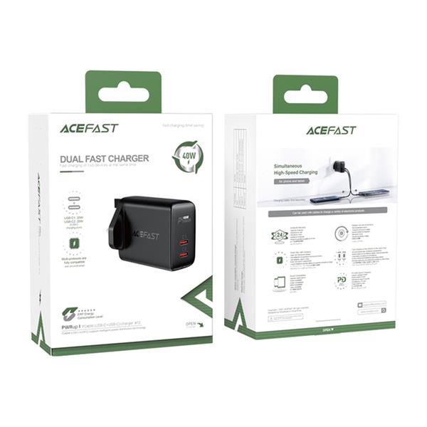 Acefast ładowarka sieciowa (wtyczka UK) 2x USB Typ C 40W, PPS, PD, QC 3.0, AFC, FCP czarny (A12 black)-2269685