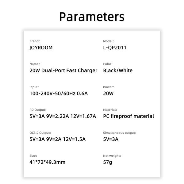Joyroom szybka ładowarka sieciowa UK USB Typ C + USB 20W PD QC3.0 czarny (L-QP2011) + kabel USB Typ C - Lightning 1m (S-M006)-2418489
