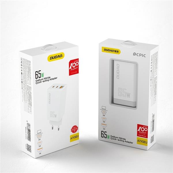 Dudao GaN szybka ładowarka sieciowa 65 W USB / 2x USB Typ C Quick Charge Power Delivery (azotek galu) biały (A7xs white)-2602175