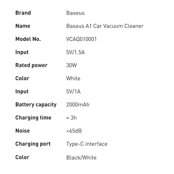 Baseus A1 mini bezprzewodowy odkurzacz samochodowy 4000Pa, 30W czarny (VCAQ010001)-2272748