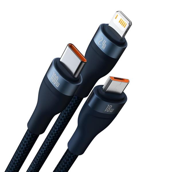 Baseus kabel 3w1 Flash II USB + USB-C - Lightning + USB-C + microUSB 1,5 m 3,5A niebieski 100W-3020609