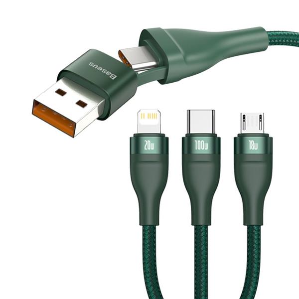 Baseus 3w1 kabel USB / USB Typ C - USB Typ C / Lightning / micro USB (5 A - 100 W / 20 W / 18 W) 1,2 m Power Delivery Quick Charge zielony (CA2T3-06)-2178997