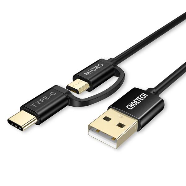 Choetech 2w1 kabel przewód USB - USB Typ C / micro USB 1,2m 3A czarny (XAC-0012-102BK)-2631040