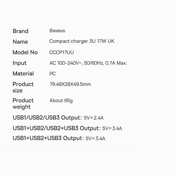 Baseus Compact ładowarka sieciowa 3x USB 17W wtyczka UK biały (CCXJ020302)-2402269