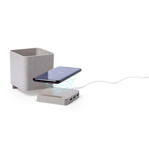 Ładowarka bezprzewodowa 5W ze słomy pszenicznej, hub USB 2.0, pojemnik na przybory do pisania, stojak na telefon-1959670