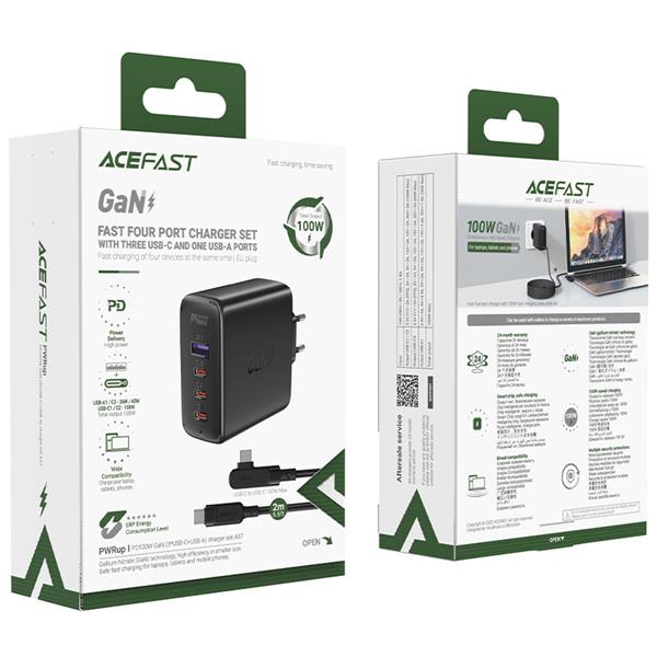Acefast szybka ładowarka sieciowa GaN 3xUSB-C/1xUSB-A 100W czarna + kabel kątowy USB-C - USB-C 100W 2m czarny-2616759