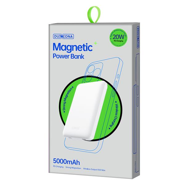 Duzzona magnetyczny powerbank 5000 mAh z funkcją ładowania bezprzewodowego (MagSafe, Qi) USB-C 20W biały (W4)-2411015