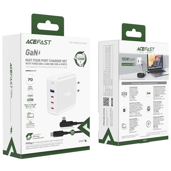 Acefast szybka ładowarka sieciowa GaN 3xUSB-C/1xUSB-A 100W biała + kabel kątowy USB-C - USB-C 100W 2m biały-2616764