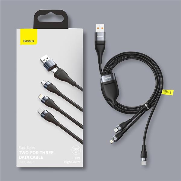 Baseus 3w1 kabel USB / USB Typ C - USB Typ C / Lightning / micro USB (5 A - 100 W / 20 W / 18 W) 1,2 m Power Delivery Quick Charge zielony (CA2T3-06)-2179016
