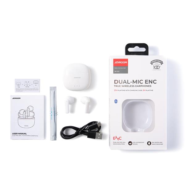 Joyroom słuchawki TWS bezprzewodowe ENC wodoodporne IPX4 Bluetooth 5.3 biały (JR-TL11)-2428600