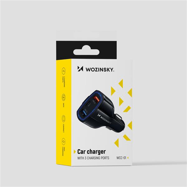 Wozinsky ładowarka samochodowa USB x2 i USB C czarna (WCC-01)-2145806