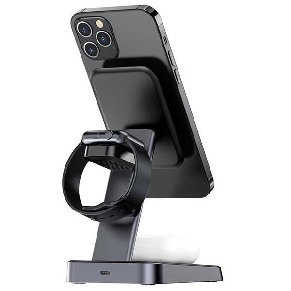 Acefast bezprzewodowa ładowarka Qi 15W do iPhone (z MagSafe), Apple Watch i Apple AirPods stojak podstawka uchwyt magnetyczny czarny (E3 black)-2270408