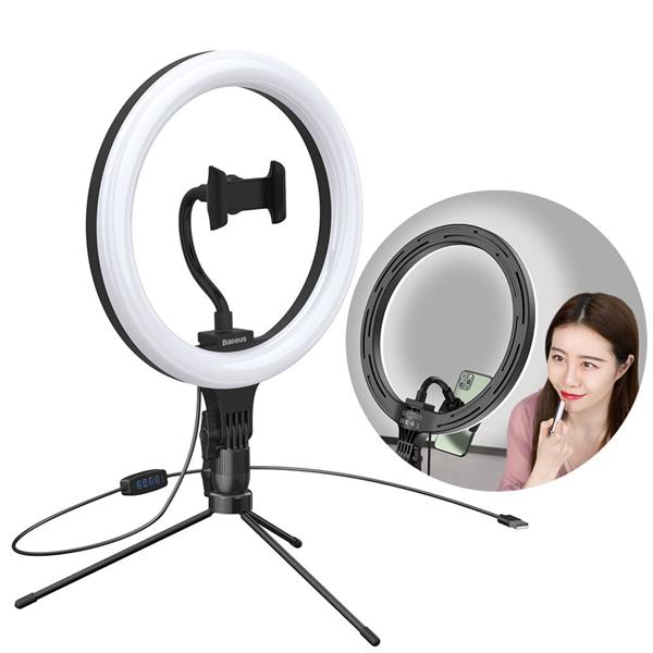 Baseus fotograficzna lampa 10'' ring flash pierścień LED do telefonu smartfona do zdjęć selfie filmów (YouTube, TikTok) + mini statyw czarny (CRZB10-A01)-2165555