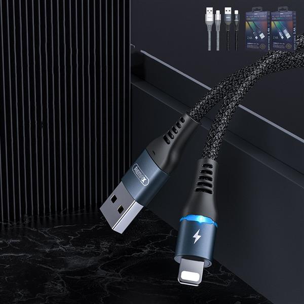 Remax podświetlany nylonowy kabel przewód USB - Lightning z diodą LED 2,4 A 1 m czarny (RC-152i balck)-2157578