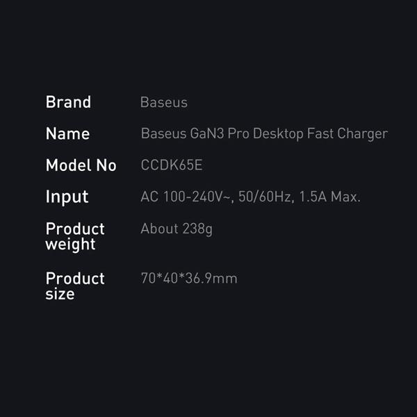 Baseus GaN3 Pro szybka ładowarka sieciowa GaN 2 x USB Typ C / 2 x USB 65W PD, QC4.0+, AFC, PPS + kabel USB Typ C - USB Typ C 1m czarny (CCGP040101)-2381561
