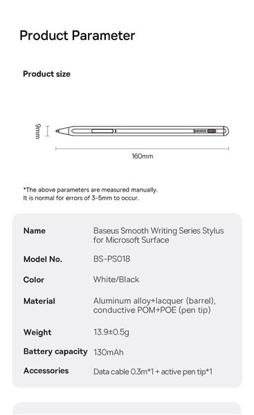 Aktywny rysik stylus do Microsoft Surface MPP 2.0 Baseus Smooth Writing Series - biały-3114975