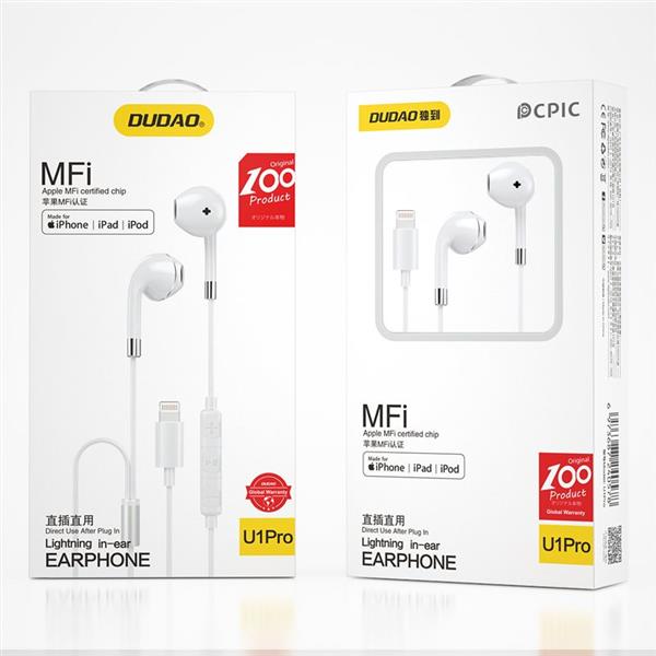 Dudao przewodowe douszne słuchawki Lightning MFI (certyfikat Made For iPhone) biały (U1PRO)-2171057