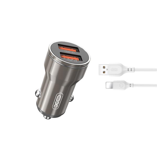 XO ładowarka samochodowa CC48 2x USB 2,4A szara + kabel Lightning-3019254