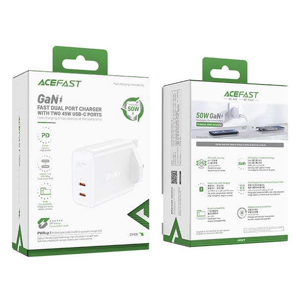 Acefast ładowarka sieciowa GaN (wtyczka UK) 2x USB Typ C 50W, Power Delivery, PPS, Q3 3.0, AFC, FCP (A32 UK)-2405735