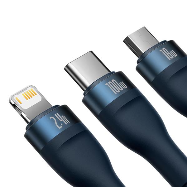 Baseus kabel 3w1 Flash II USB + USB-C - Lightning + USB-C + microUSB 1,5 m 3,5A niebieski 100W-3020610