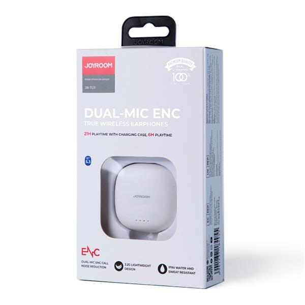 Joyroom słuchawki TWS bezprzewodowe ENC wodoodporne IPX4 Bluetooth 5.3 biały (JR-TL11)-2428599