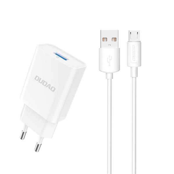 Dudao ładowarka sieciowa EU USB 5V/2.4A QC3.0 Quick Charge 3.0 + kabel przewód micro USB biały (A3EU + Micro white)-2148462