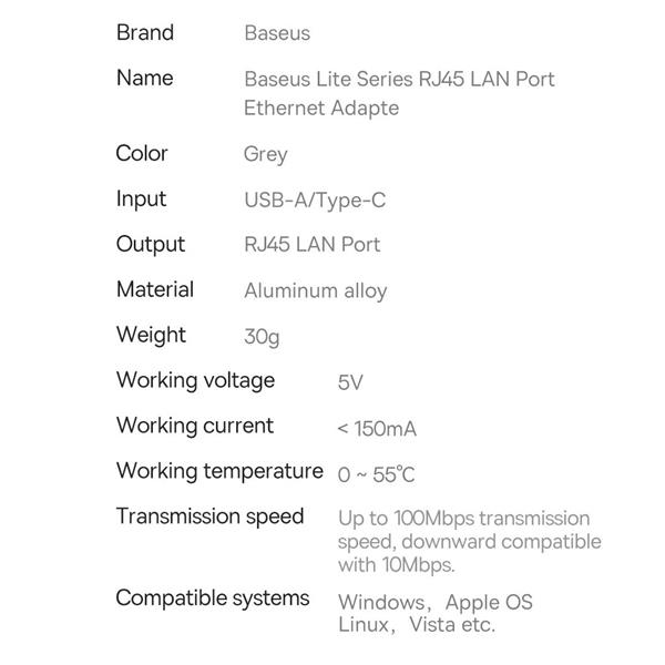 Baseus Lite Series adapter USB - RJ45 gniazdo LAN 100Mbps szary (WKQX000013)-2387294