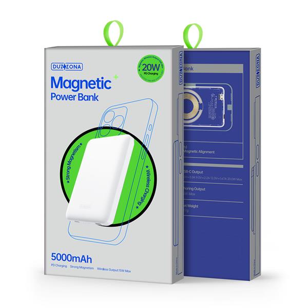 Duzzona magnetyczny powerbank 5000 mAh z funkcją ładowania bezprzewodowego (MagSafe, Qi) USB-C 20W biały (W4)-2411000