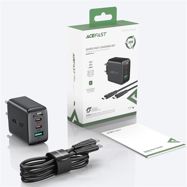 Acefast 2w1 ładowarka sieciowa 2x USB Typ C / USB 65W, PD, QC 3.0, AFC, FCP (zestaw z kablem) czarny (A13 black)-2269634