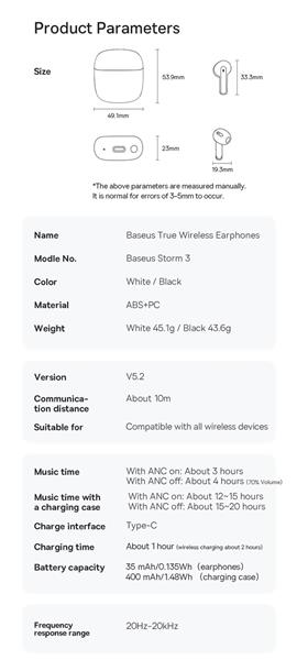 Baseus Storm 3 bezprzewodowe słuchawki bluetooth 5.2 TWS z ANC czarny (NGTW140101)-2404763