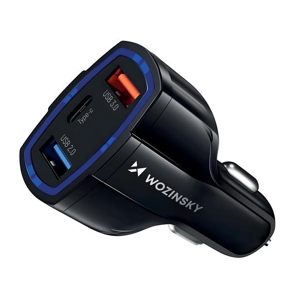 Wozinsky ładowarka samochodowa USB x2 i USB C czarna (WCC-01)-2378663