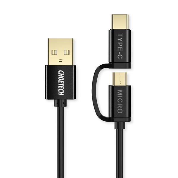 Choetech 2w1 kabel przewód USB - USB Typ C / micro USB 1,2m 3A czarny (XAC-0012-102BK)-2631038