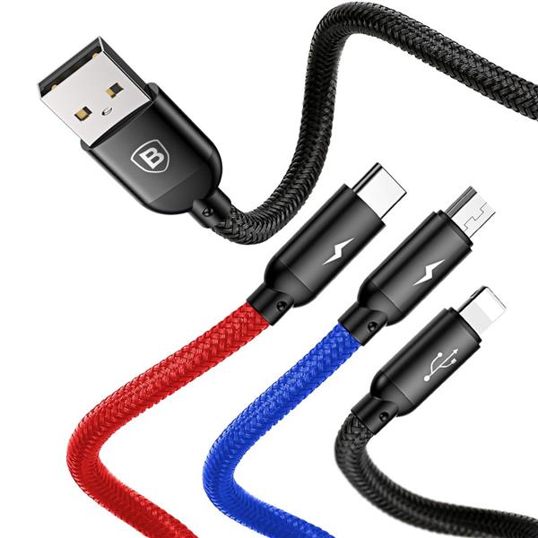 Baseus Three Primary Colors kabel 3w1 USB - micro USB / Lightning / USB-C w nylonowym oplocie 3.5A 1,2M czarny (CAMLT-BSY01)-2142497
