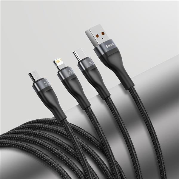 Baseus 3w1 kabel USB - Lightning / USB Typ C / micro USB (ładowanie 5 A / przesyłanie danych 480 Mbps) 1,2 m 40 W czarno-szary (CA1T3-G1)-2167495