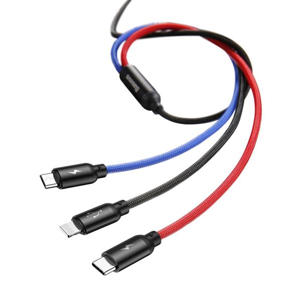 Baseus Three Primary Colors kabel 3w1 USB - micro USB / Lightning / USB-C w nylonowym oplocie 3.5A 1,2M czarny (CAMLT-BSY01)-2142490