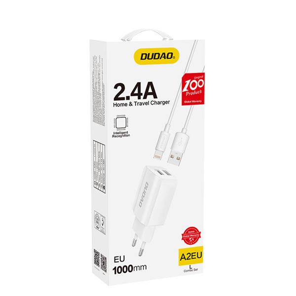 Dudao ładowarka sieciowa EU 2x USB 5V/2.4A + kabel Lightning biały (A2EU + Lightning white)-2148433