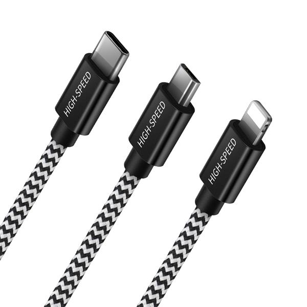 Dux Ducis K-ONE 3in1 Series nylonowy kabel przewód 3w1 USB - micro USB / Lightning / USB-C 2.4A 1,2M czarny-2378533