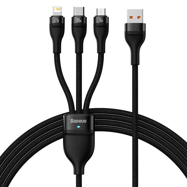 Baseus kabel 3w1 Flash II USB + USB-C - Lightning + USB-C + microUSB 1,5 m 3,5A czarny 100W-2988029