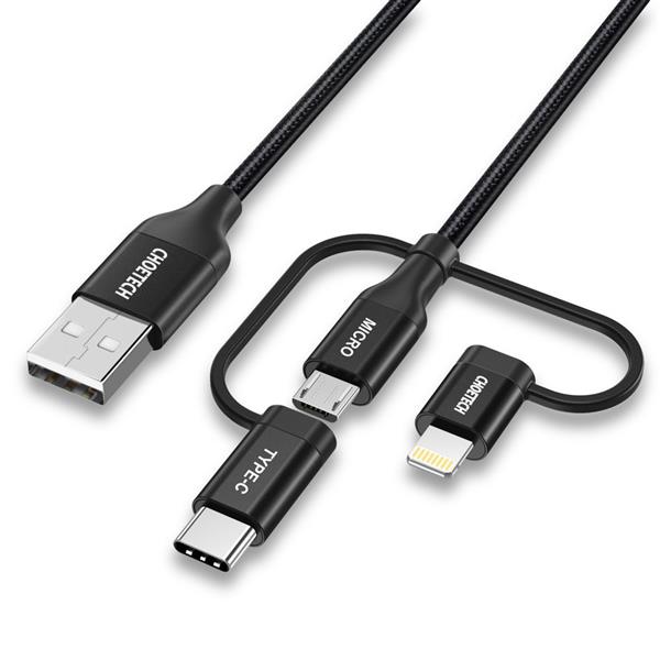 Choetech 3w1 kabel USB MFI Lightning / USB Typ C / micro USB (ładowanie 3A / przesyłanie danych 480 Mbps) 1,2 m czarny (IP0030-BK)-2218846