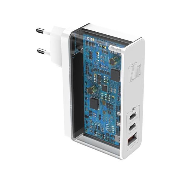 Baseus GaN Mini szybka ładowarka 2x USB Typ C / USB 120 W Power Delivery 3.0 Quick Charge 4+ SCP FCP AFC + kabel USB Typ C (100 W - 20V / 5 A 1 m) biały (CCGAN-J02)-2185974
