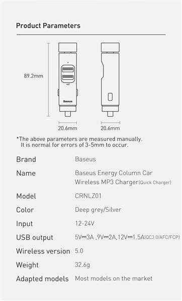 Baseus Energy Column Transmiter FM Bluetooth 5.0 ładowarka samochodowa 2x USB 3,1A QC3.0 szary (CDNL000014)-2289094