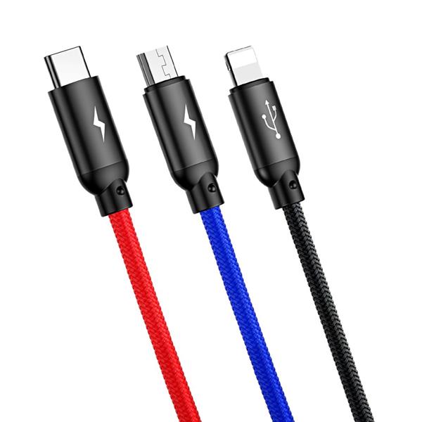 Baseus Three Primary Colors kabel 3w1 USB - micro USB / Lightning / USB-C w nylonowym oplocie 3.5A 1,2M czarny (CAMLT-BSY01)-2142491