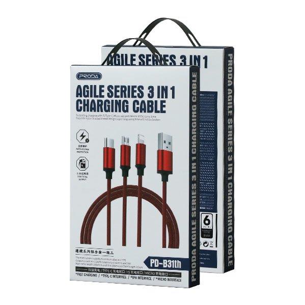 Remax Agile nylonowy kabel 3w1 USB - micro USB / Lightning / USB Typ C 2.8A 1m czerwony (PD-B31th red)-2147294